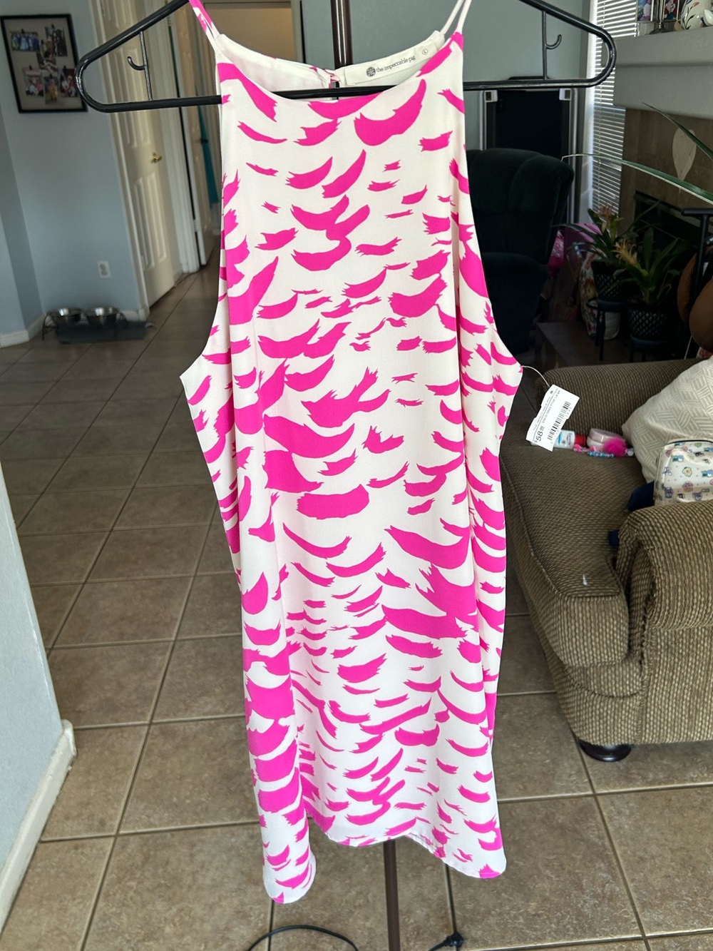 The Impeccable Pig White Midi Dress with Hot Pink Abstract Print